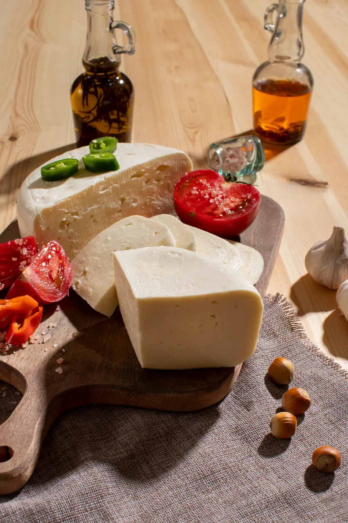 Formaggio fresco tagliato a fette su tagliere di legno, accompagnato da pomodori, peperoncini verdi e arancioni, aglio, nocciole e bottiglie di olio, su sfondo rustico di legno chiaro.